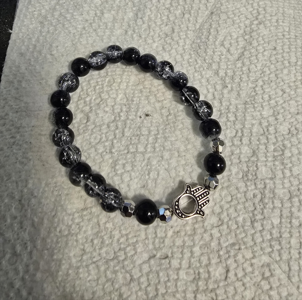 Black and Clear Beaded Bracelet with Hamsa Charm
